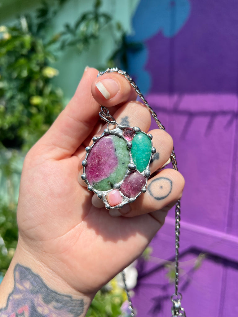 Rainbow Crystal Collage; Green & Pink gem Amulet