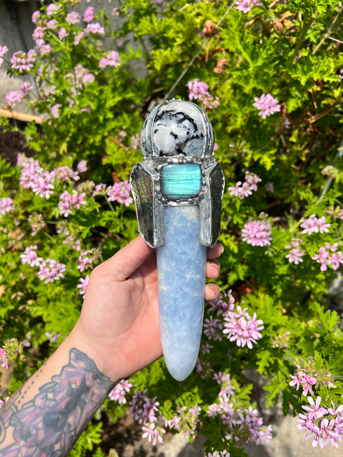 Compassionate Release wand; Moonstone and Blue Chalcedony Angel