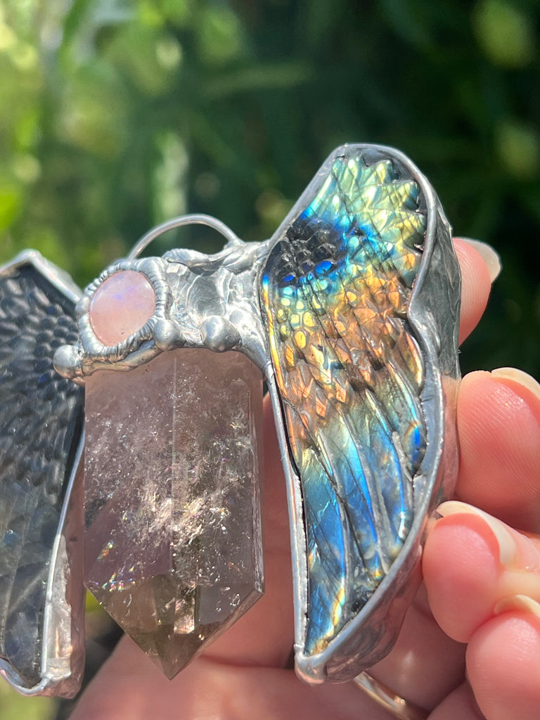 Art Angel Amulet  (Labradorite wings & Smoky Quartz)
