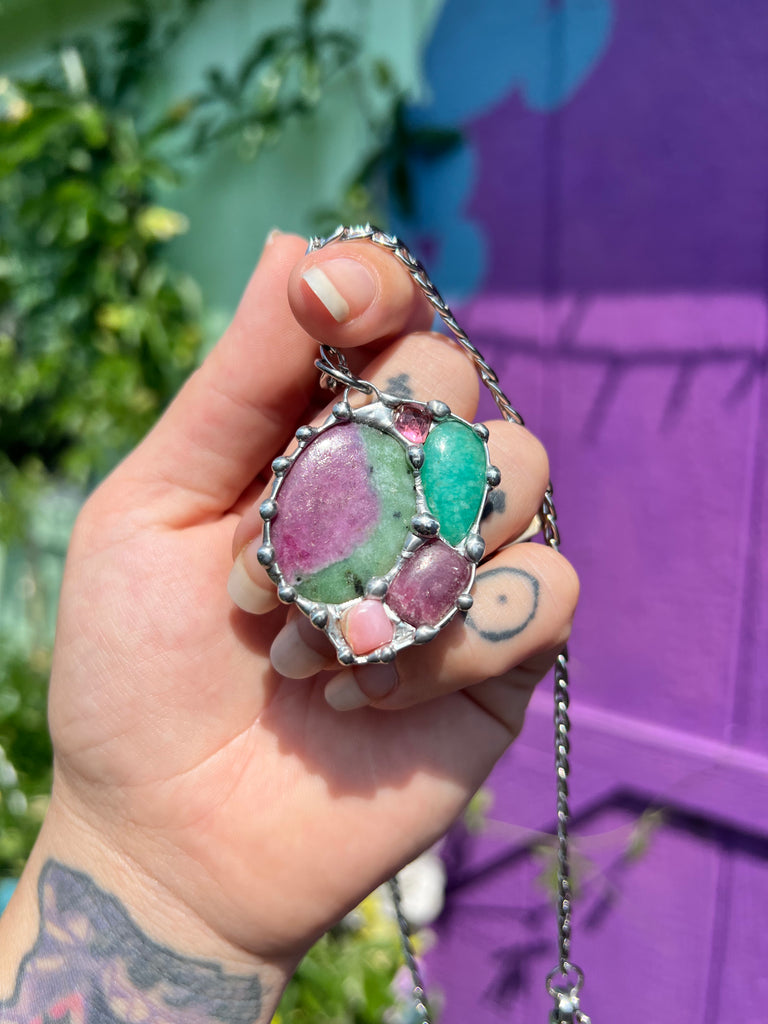 Rainbow Crystal Collage; Green & Pink gem Amulet