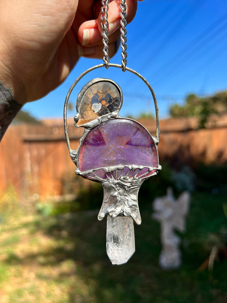 Atomic Amethyst and Quartz mushroom with Ammonite snail amulet