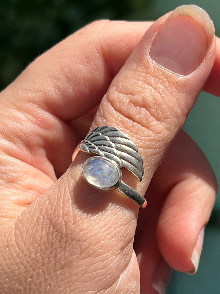Angel Wing Ring with faceted Moonstone size 9