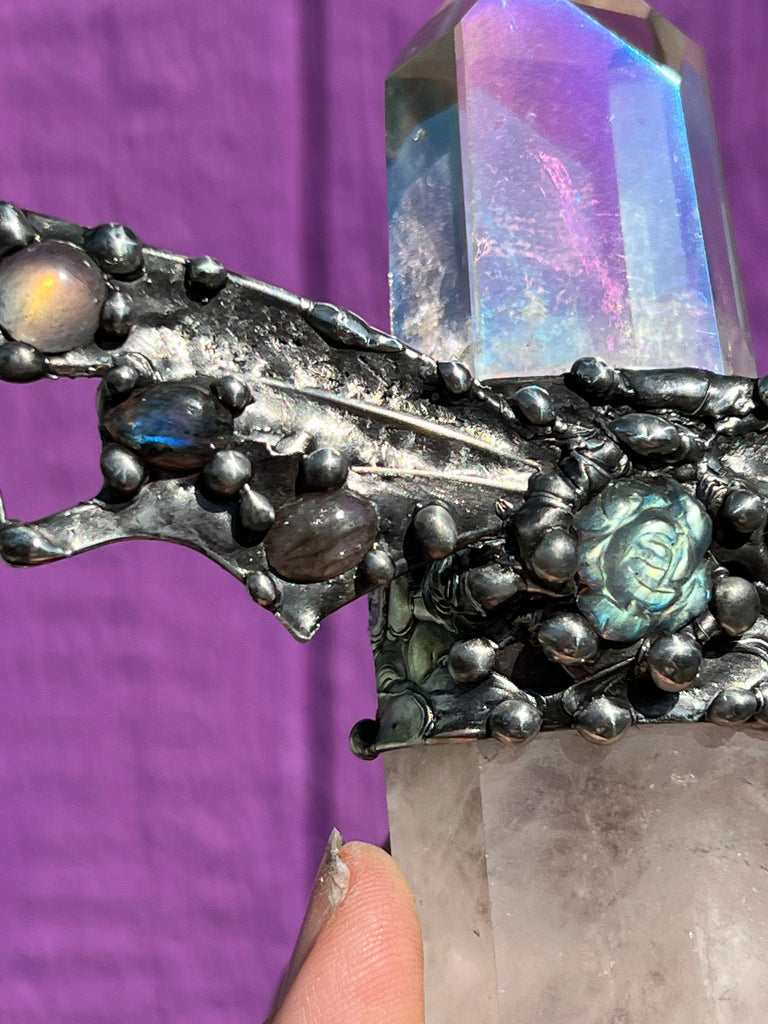 Labradorite Rose Aura Quartz Dragon wand, spiritual tool