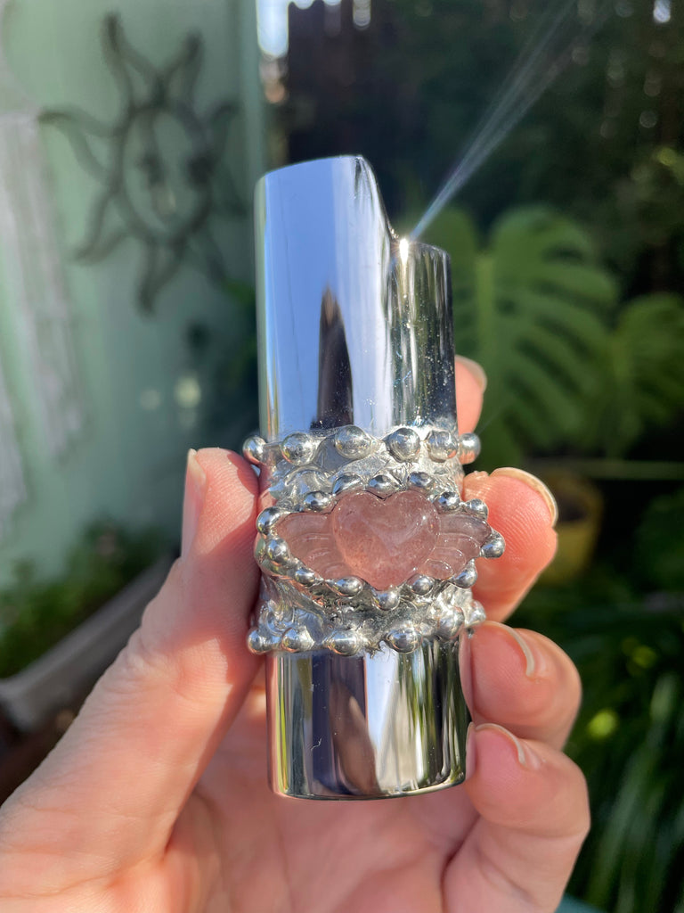 Strawberry Quartz Heart with wings on silver Fire Case