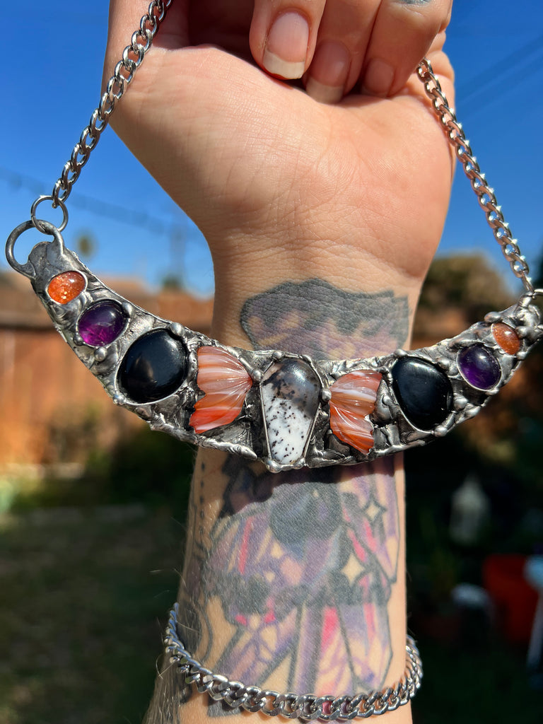 Spooky Queen Collar, dendritic opal, carnelian butterfly wings, onyx, amethyst and sunstone