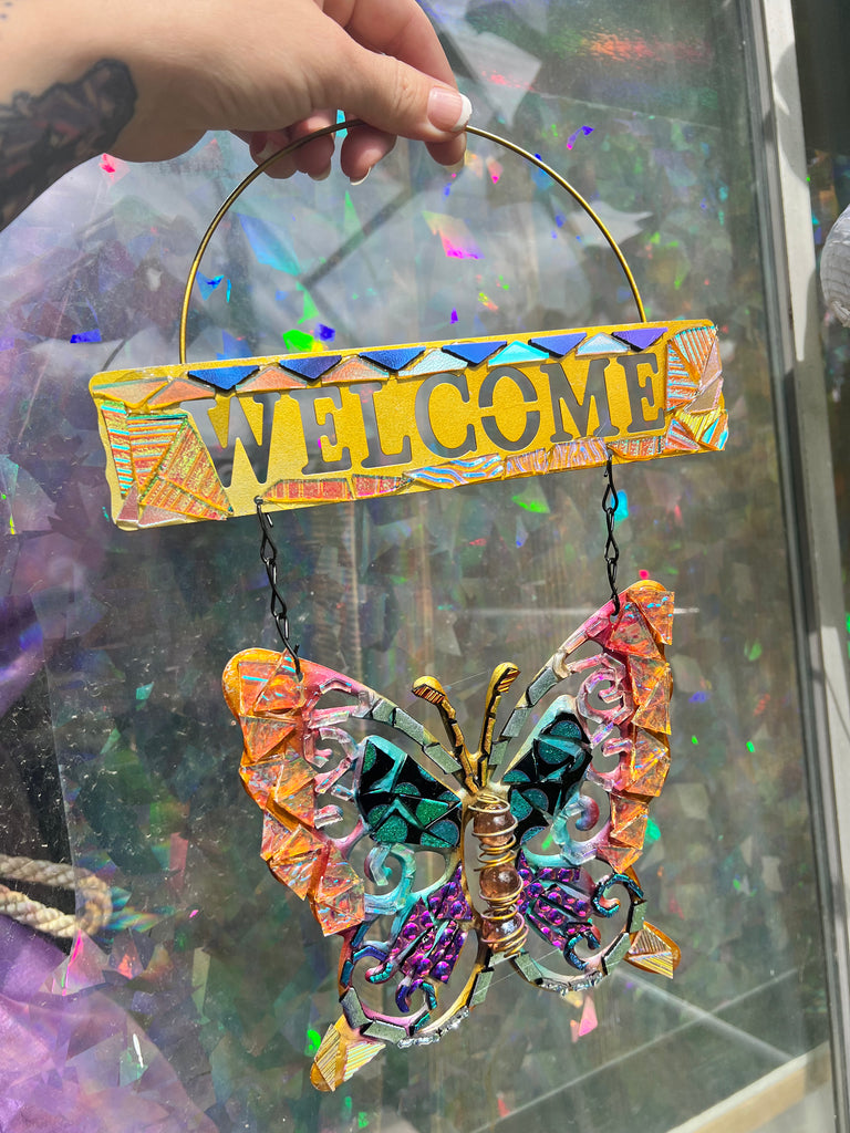 ‘Welcome’ Butterfly dichroic glass mosaic no.4