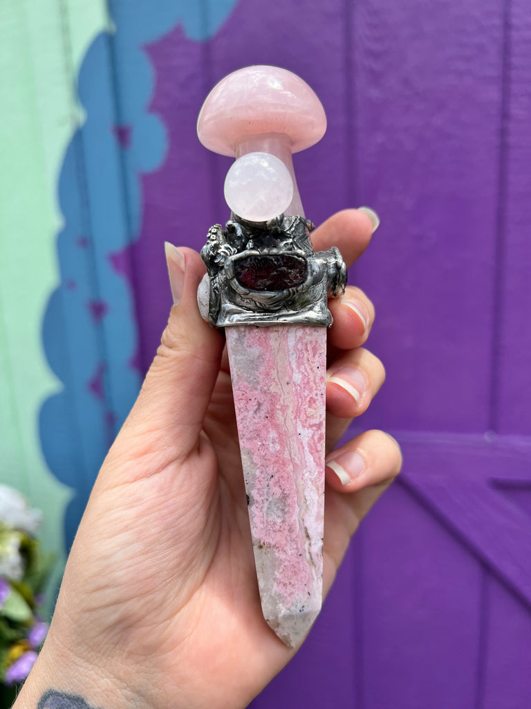 Rose Quartz and Rhodochrosite Octopus mushroom totem, spiritual tool