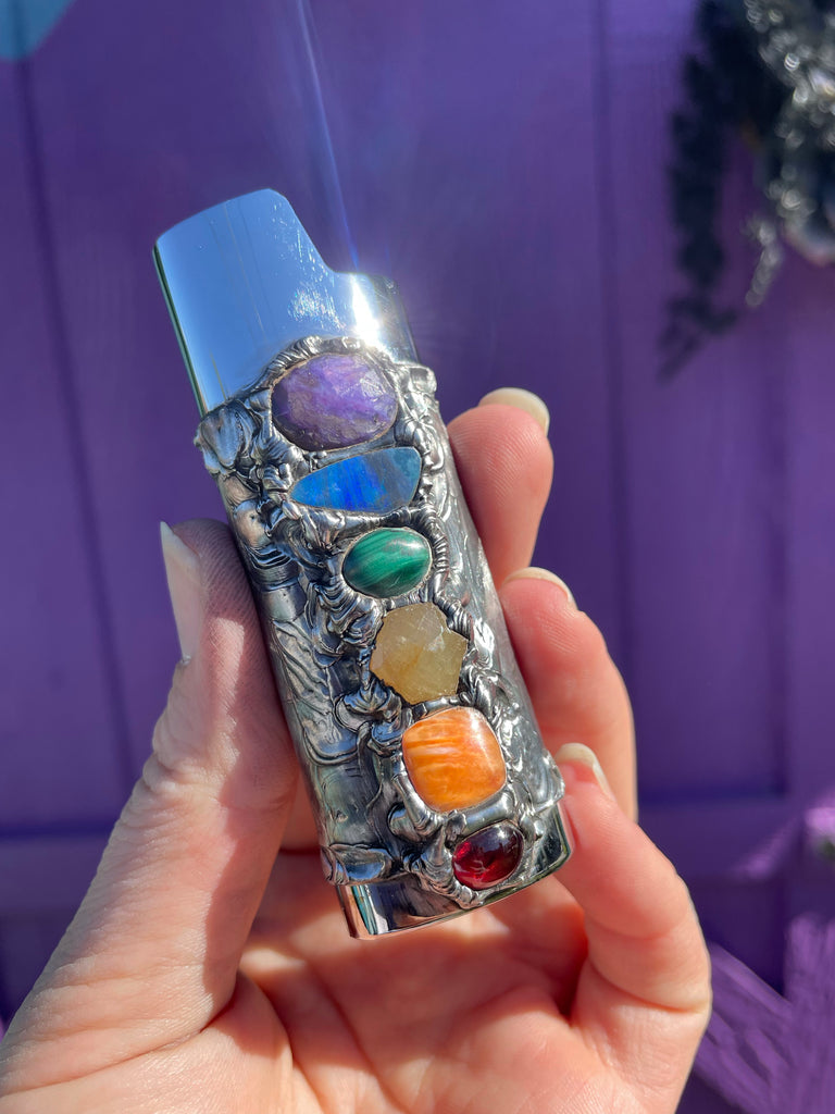 Rainbow Crystal Chakra stack on Silver Fire Case
