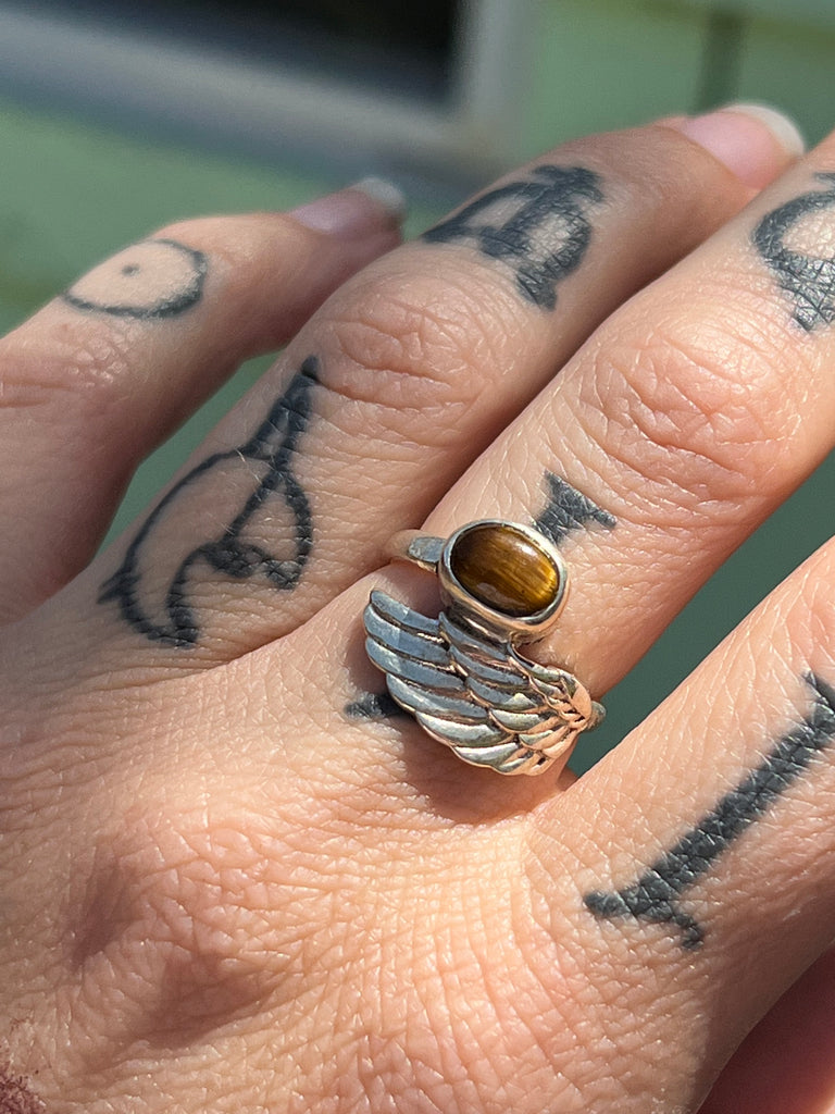 Angel Wing Ring with Tigers Eye size 6