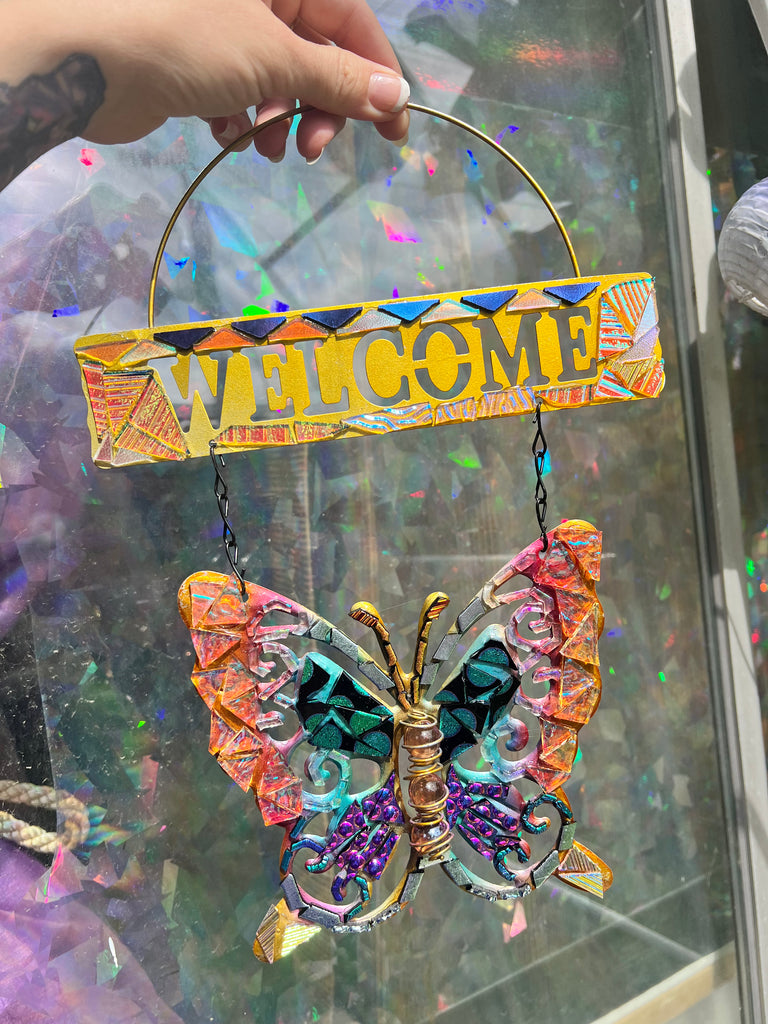 ‘Welcome’ Butterfly dichroic glass mosaic no.4