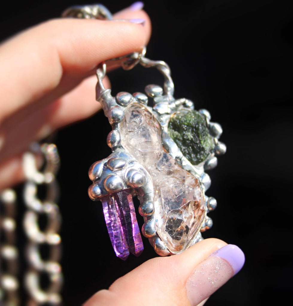 Herkimer Diamond, Moldavite and Vera Cruz Amethyst