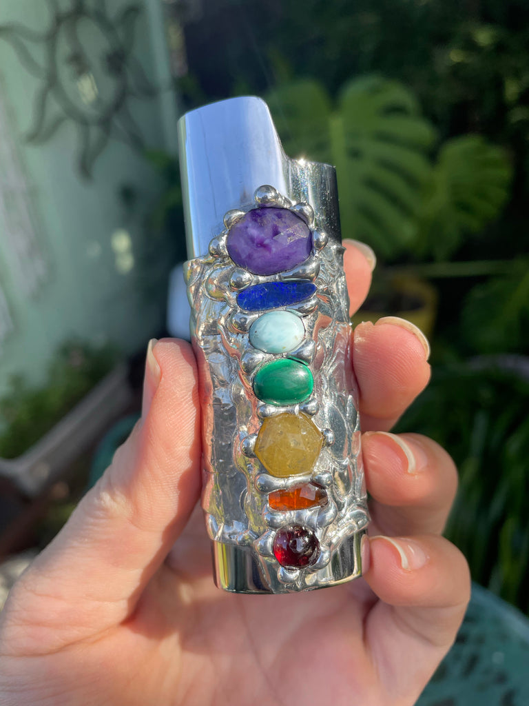 Rainbow Crystal Chakra stack on Silver Fire Case