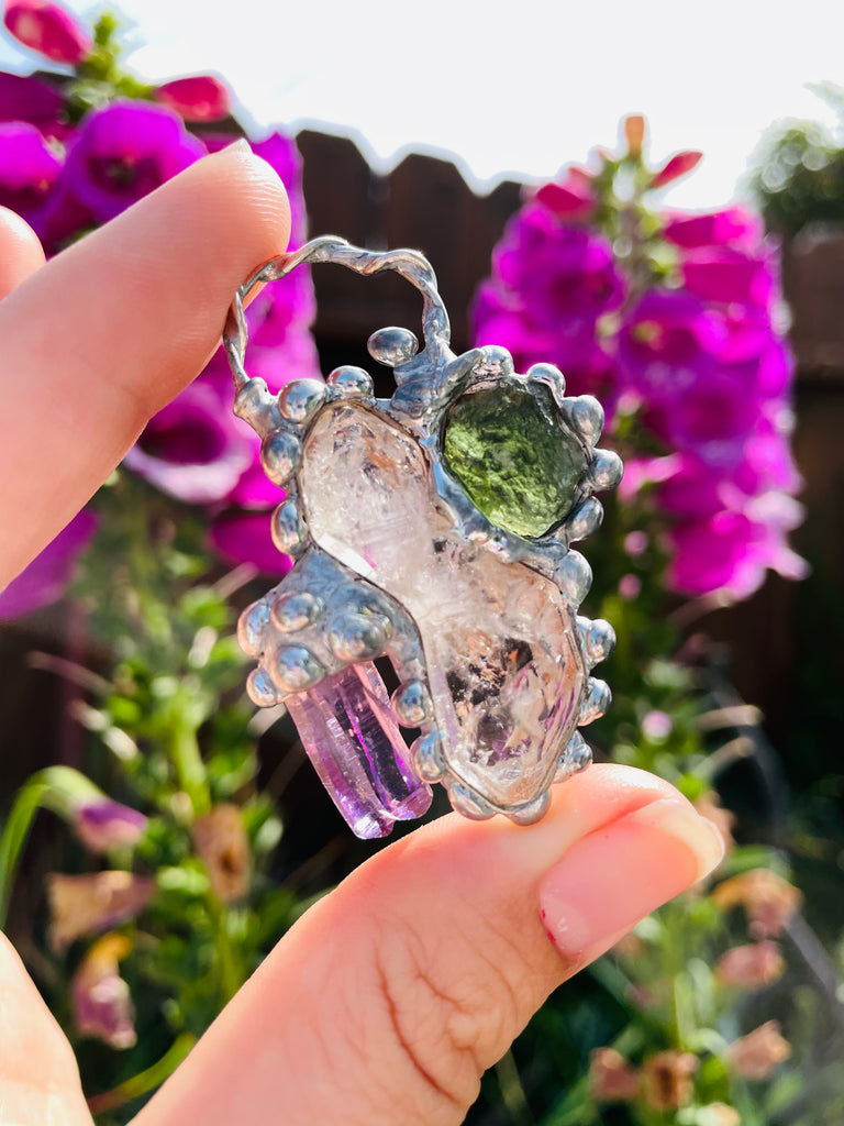 Herkimer Diamond, Moldavite and Vera Cruz Amethyst