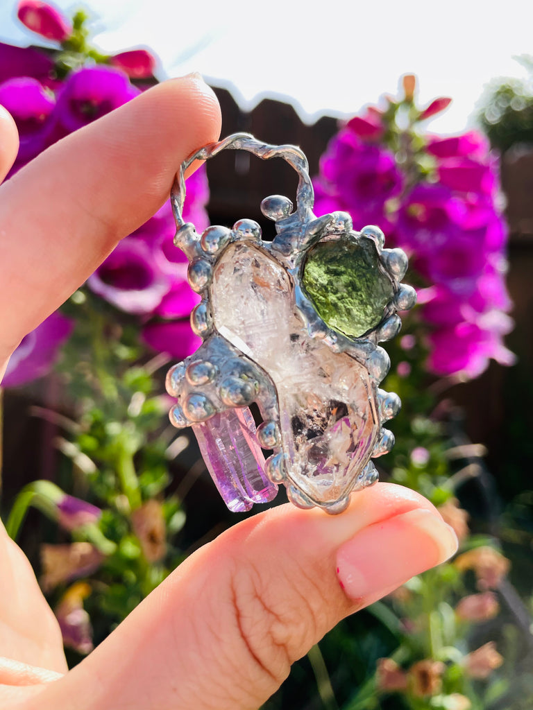 Herkimer Diamond, Moldavite and Vera Cruz Amethyst