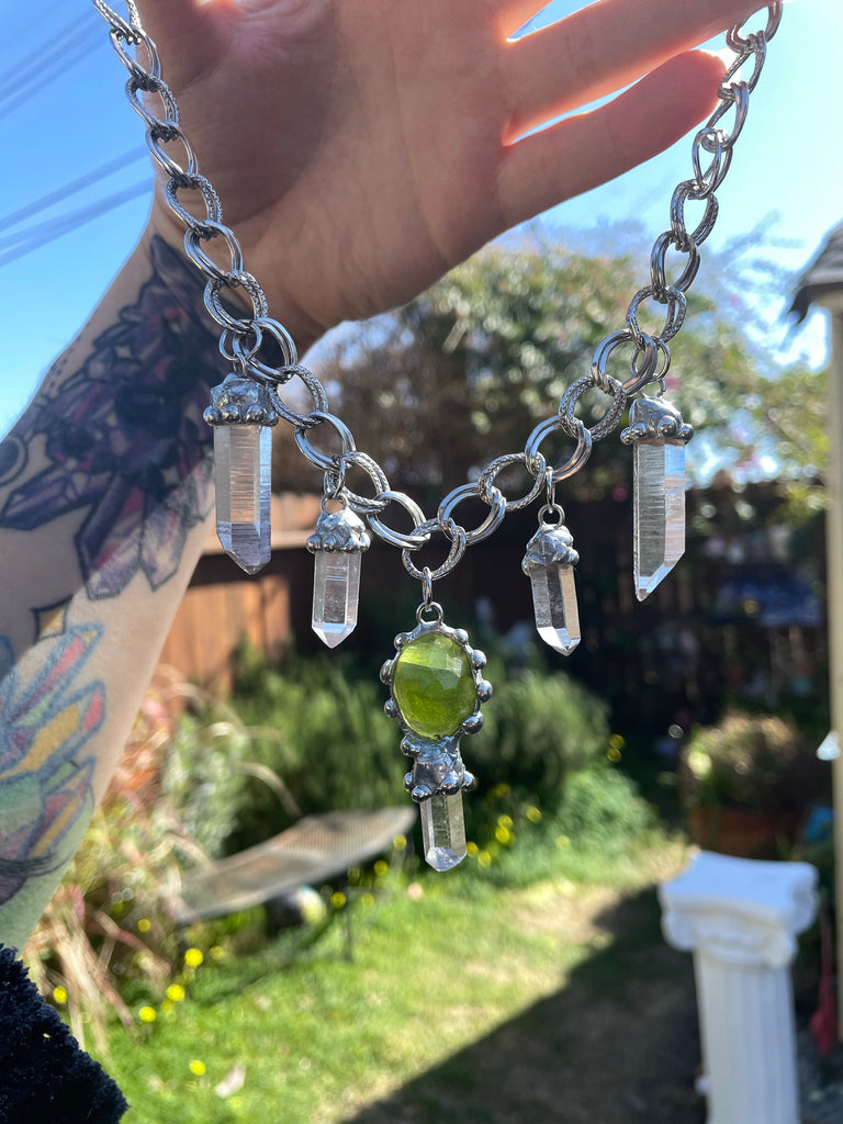 The Atlas Choker, feat. Faceted Peridot and five Lemurian Quartz Seeds