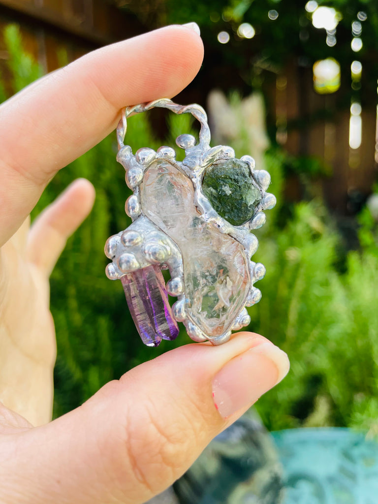 Herkimer Diamond, Moldavite and Vera Cruz Amethyst