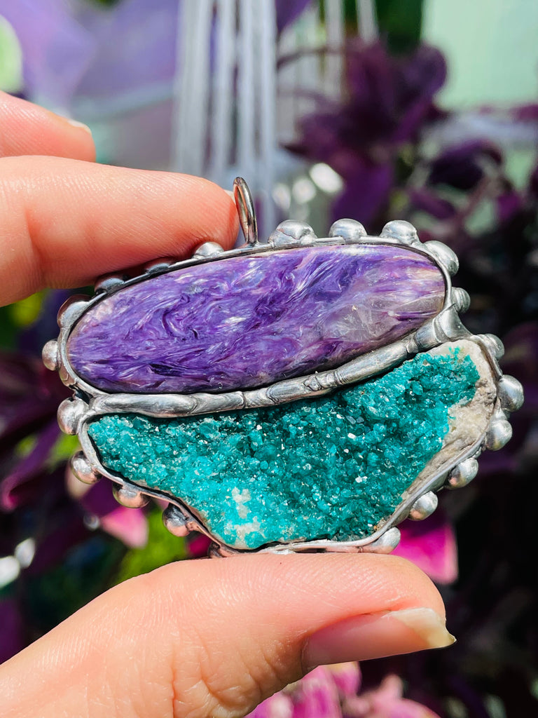 Charoite and Dioptase pendant