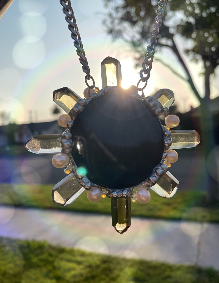 Black Obsidian Citrine Leo Sun with Welo Opal and freshwater Pearl