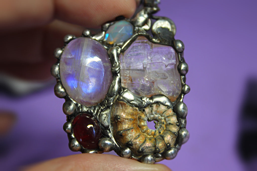 Earth Mother Goddess, Ammonite, Garnet, Moonstone, Herkimer Diamond, and Welo Opal