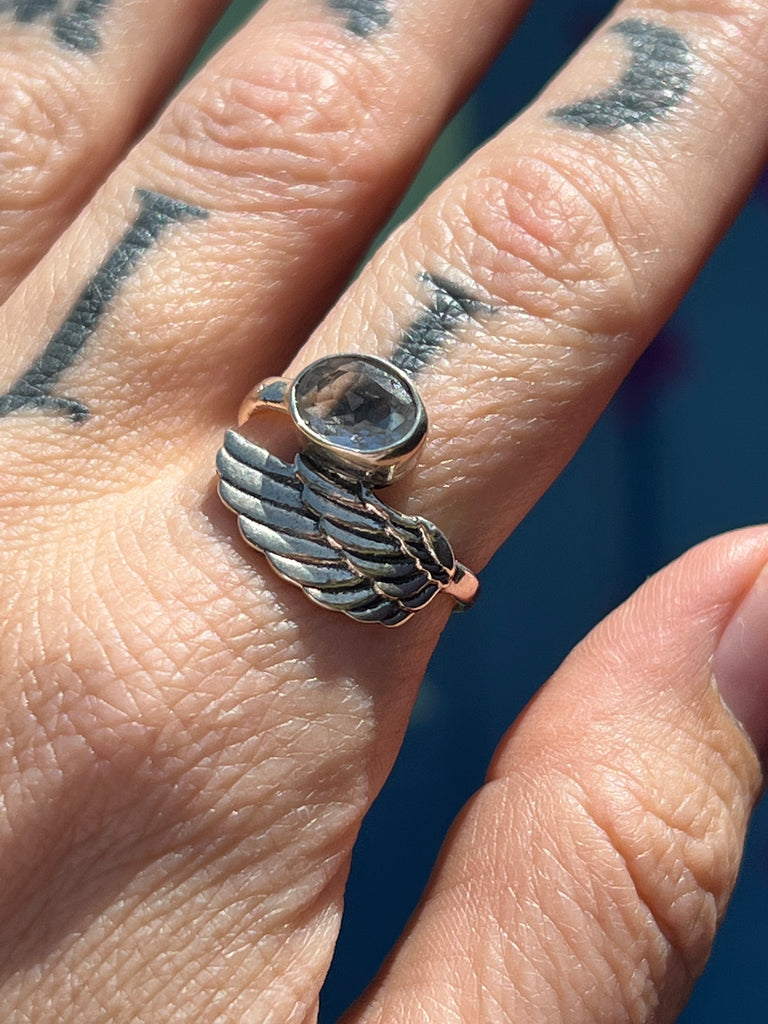 Angel Wing Ring with faceted Clear Quartz size 7.5