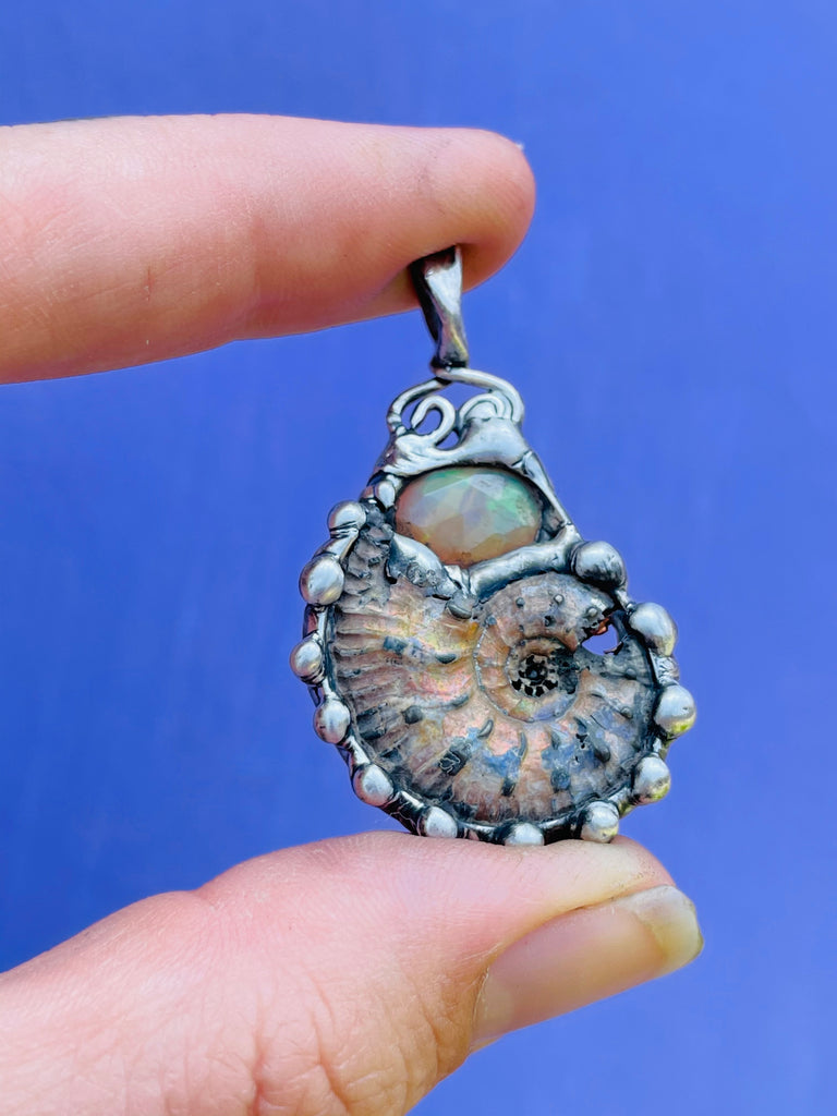 Opalized Pyrite Ammonite and Faceted Welo Opa