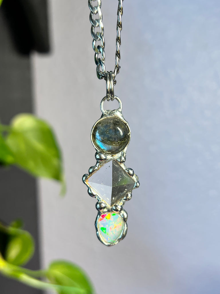 Channeled Amulet, Labradorite, Quartz Pyramid & Opal