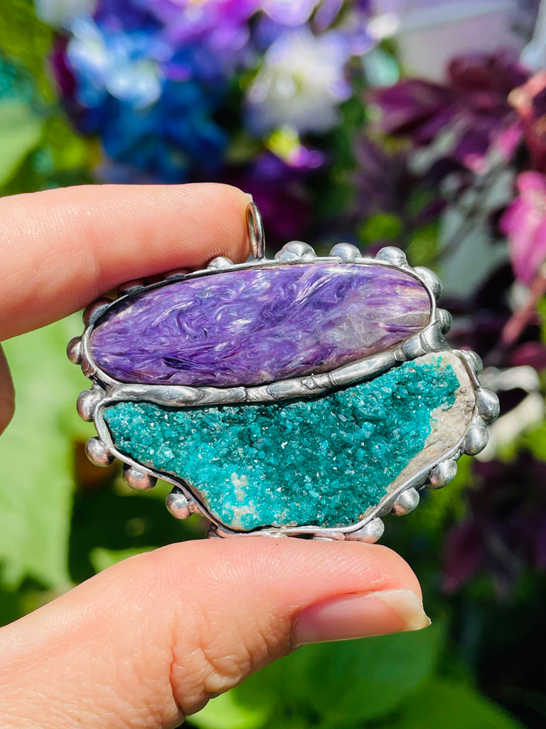 Charoite and Dioptase pendant