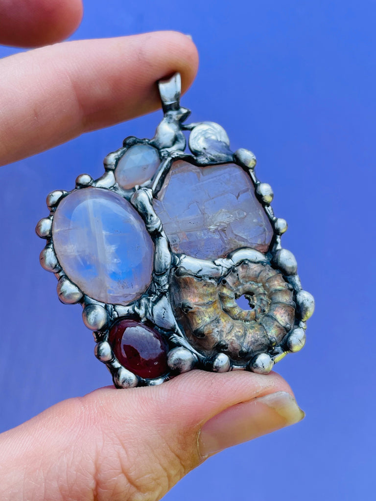 Earth Mother Goddess, Ammonite, Garnet, Moonstone, Herkimer Diamond, and Welo Opal