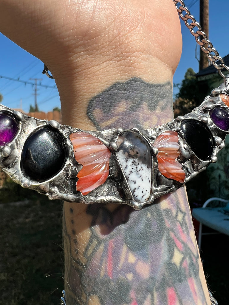 Spooky Queen Collar, dendritic opal, carnelian butterfly wings, onyx, amethyst and sunstone