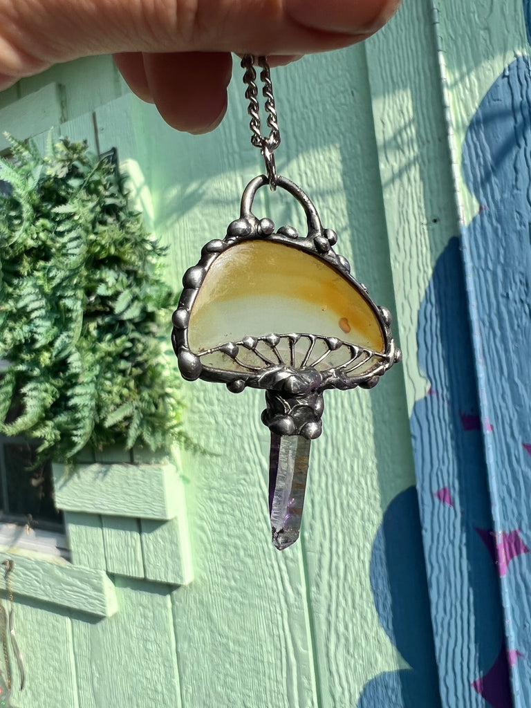 Rainbow Iris Agate & Vera Cruz mushroom pendant no.1