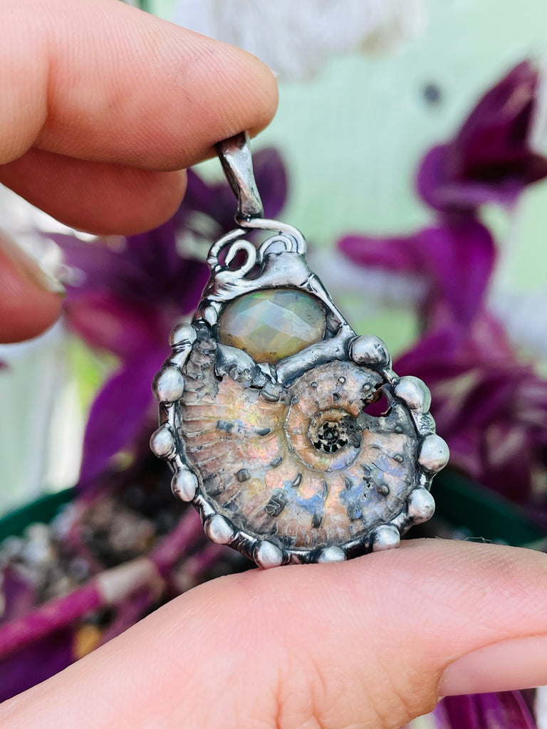 Opalized Pyrite Ammonite and Faceted Welo Opa