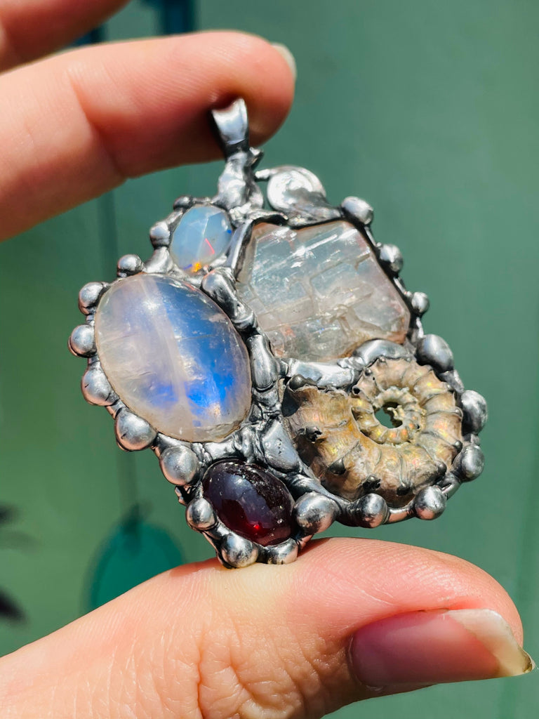 Earth Mother Goddess, Ammonite, Garnet, Moonstone, Herkimer Diamond, and Welo Opal