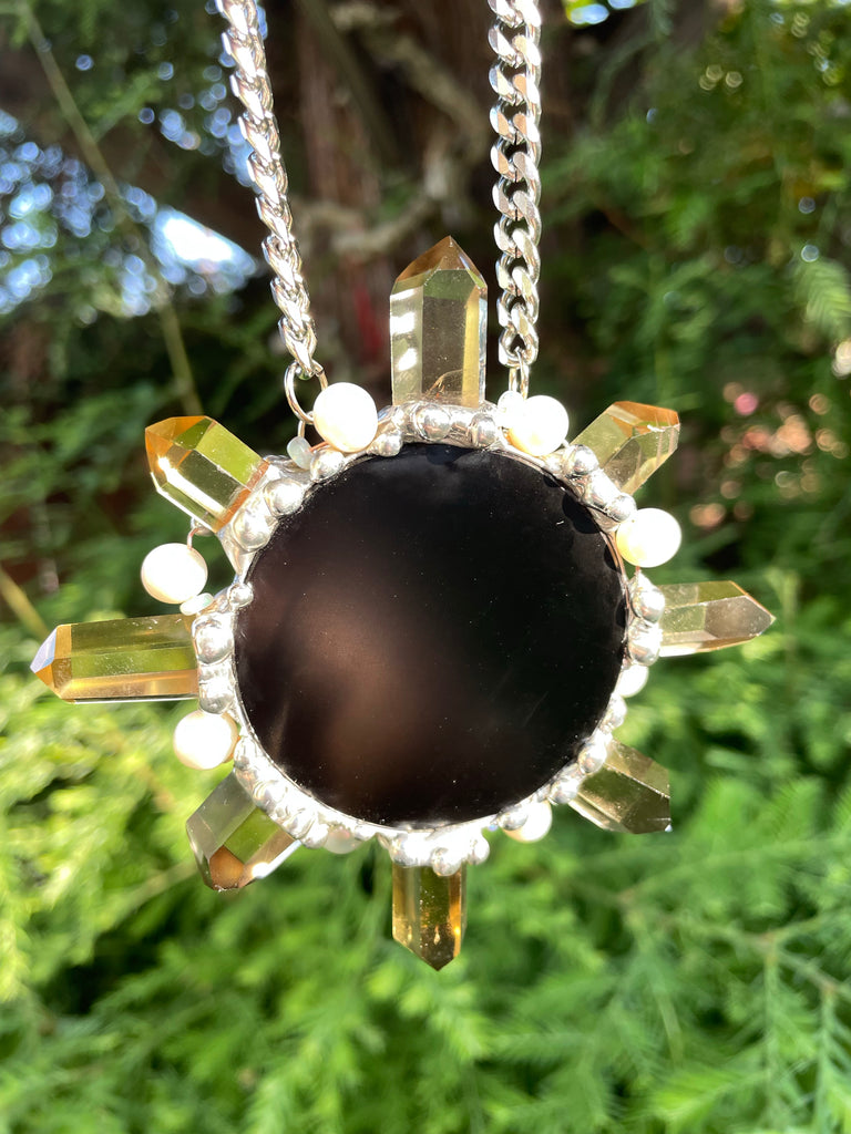 Black Obsidian Citrine Leo Sun with Welo Opal and freshwater Pearl