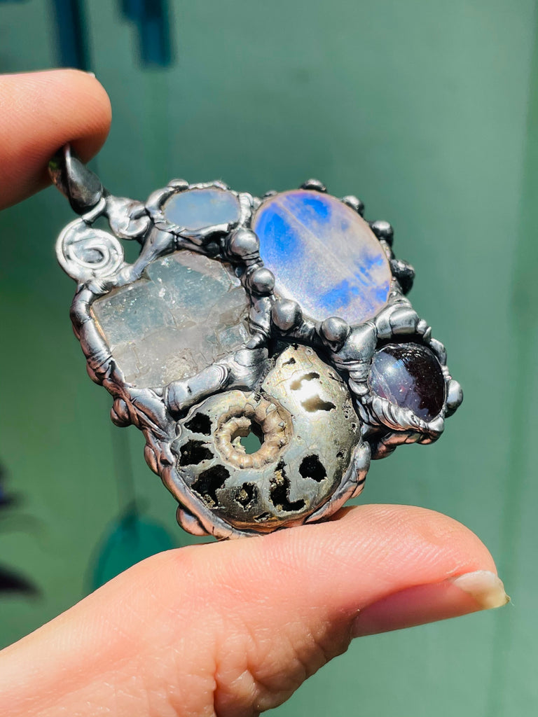 Earth Mother Goddess, Ammonite, Garnet, Moonstone, Herkimer Diamond, and Welo Opal