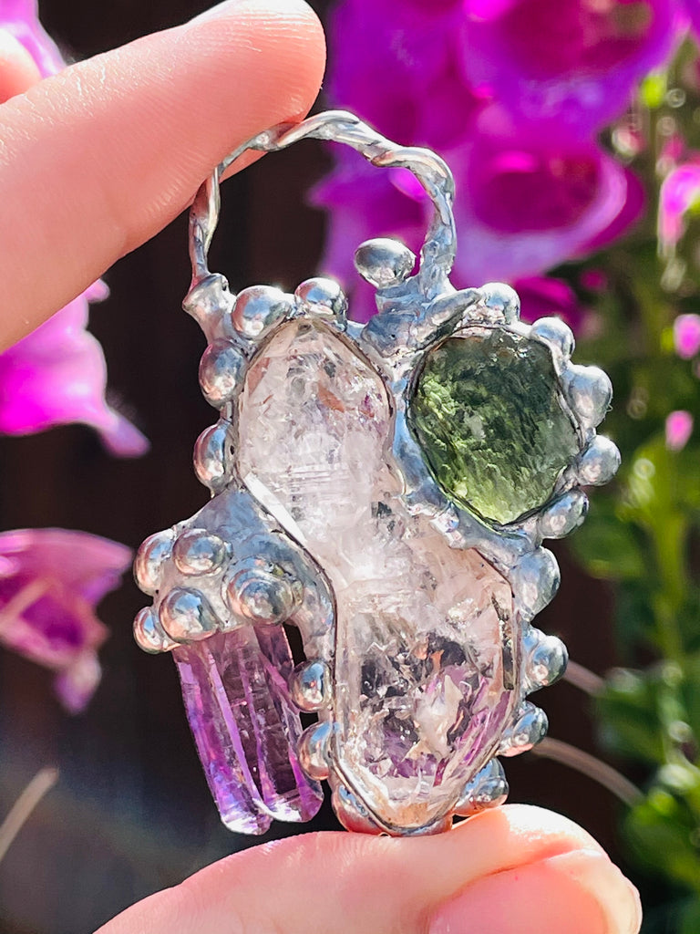Herkimer Diamond, Moldavite and Vera Cruz Amethyst