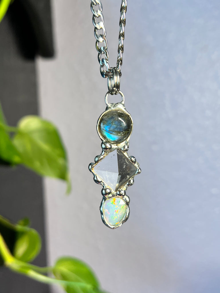 Channeled Amulet, Labradorite, Quartz Pyramid & Opal