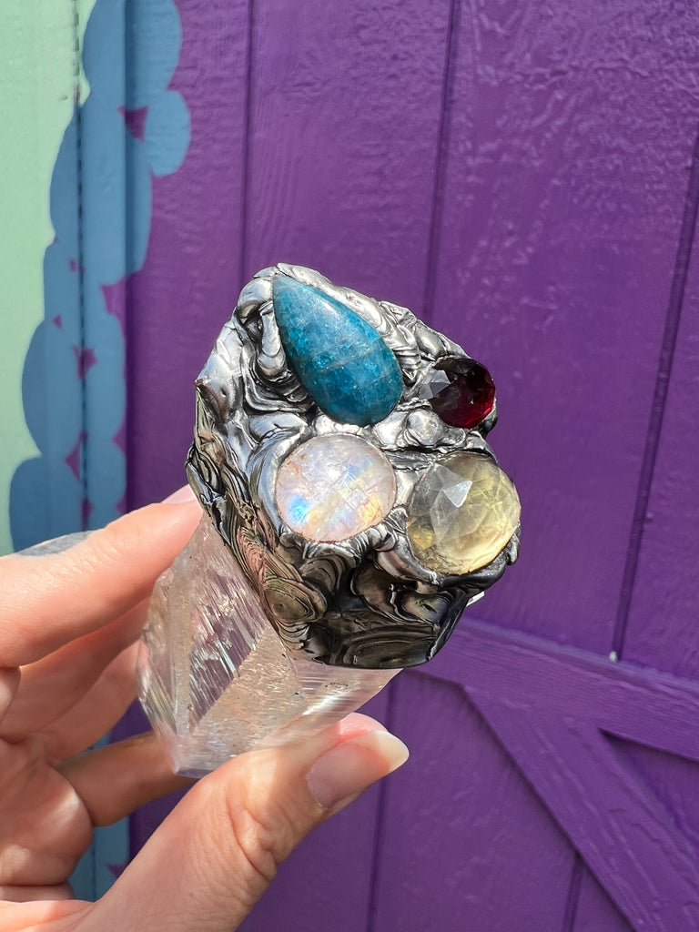 Colombian Lemurian Quartz wand with Citrine, garnet, apatite, and moonstone
