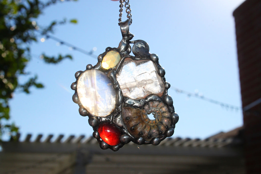 Earth Mother Goddess, Ammonite, Garnet, Moonstone, Herkimer Diamond, and Welo Opal