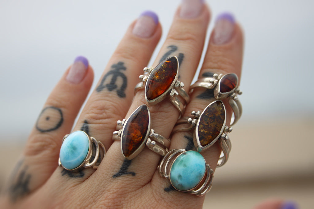 Two sided larimar/Amber rings