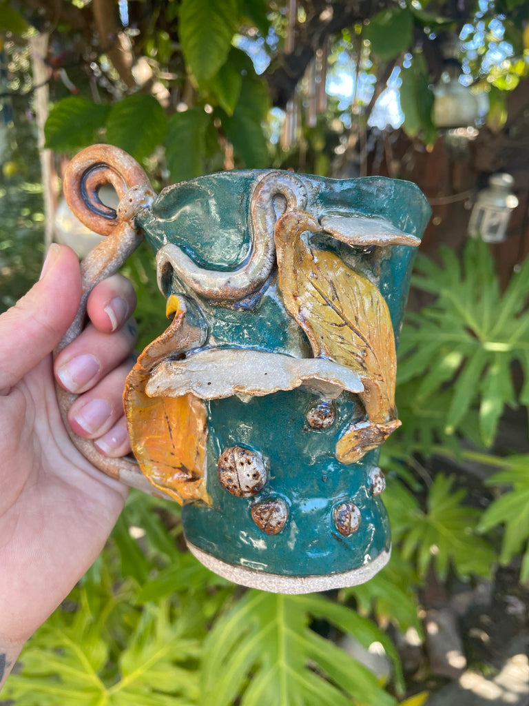 Ceramic Leaf Mug with Mushrooms and ladybugs