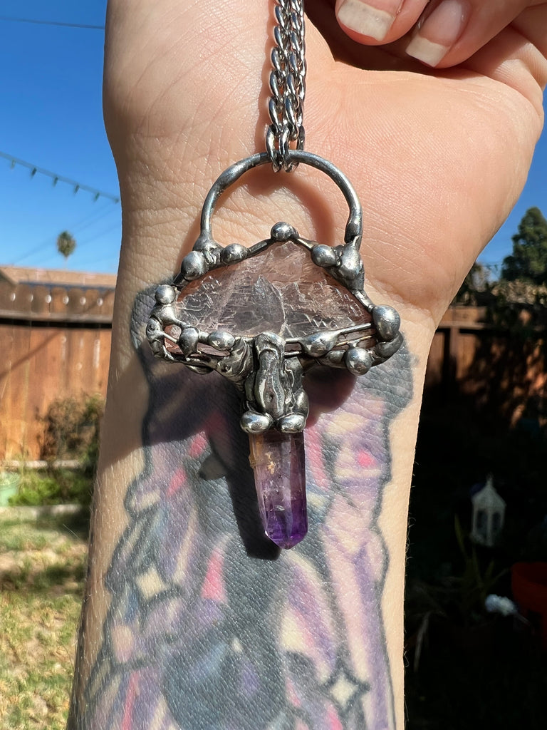Raw Kunzite & Vera Cruz Mushroom Amulet no.2