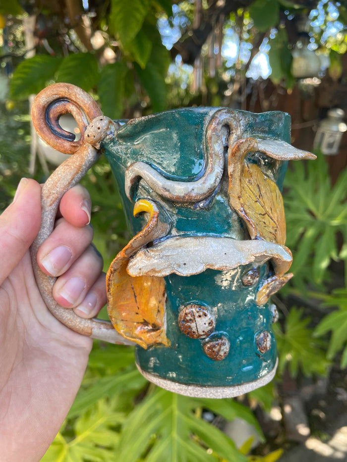 Ceramic Leaf Mug with Mushrooms and ladybugs