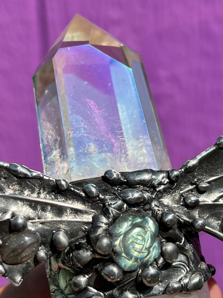 Labradorite Rose Aura Quartz Dragon wand, spiritual tool
