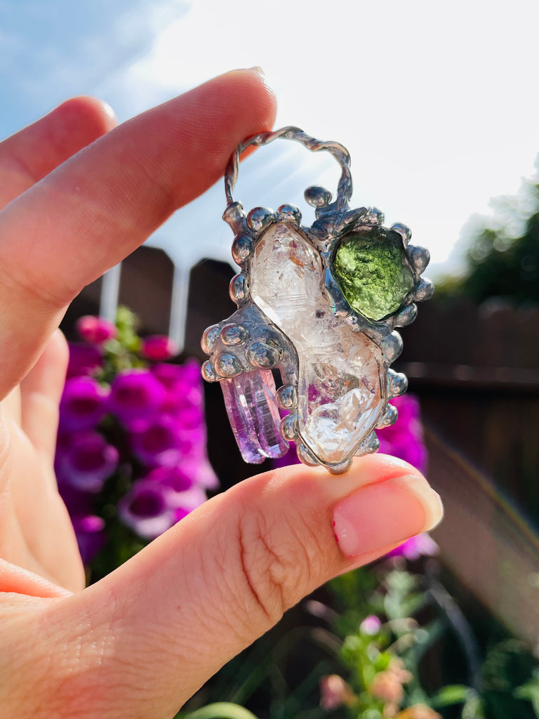 Herkimer Diamond, Moldavite and Vera Cruz Amethyst