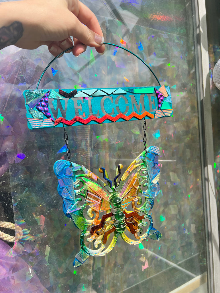 ‘Welcome’ Butterfly dichroic glass mosaic no.5