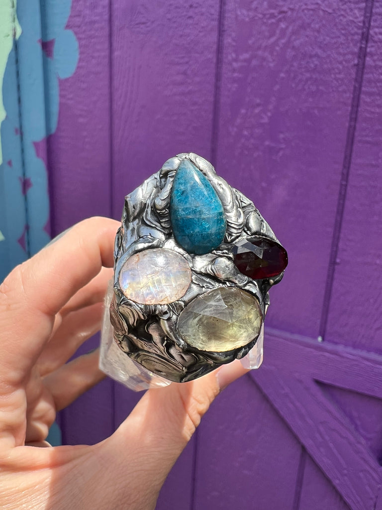 Colombian Lemurian Quartz wand with Citrine, garnet, apatite, and moonstone