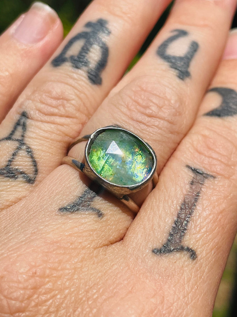 Handmade sterling silver Green Moonstone adjustable ring sizes 6-8