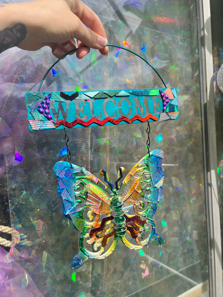 ‘Welcome’ Butterfly dichroic glass mosaic no.5