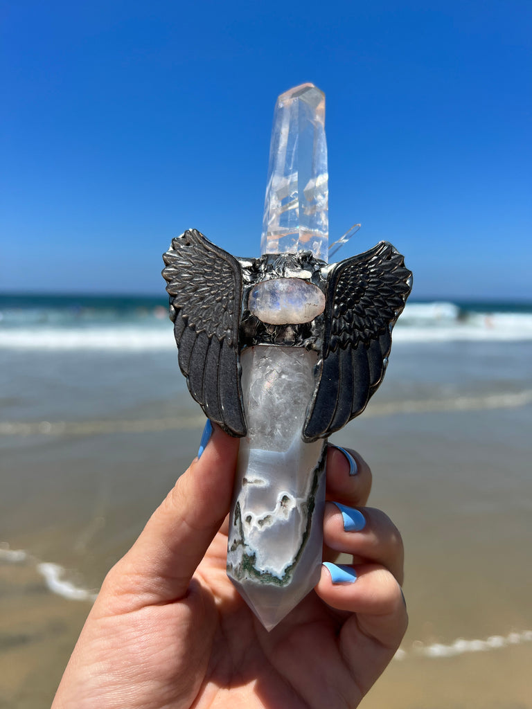 Angel Wand; Lemurian and Moss Agate with silver sheen wings and moonstone cloud