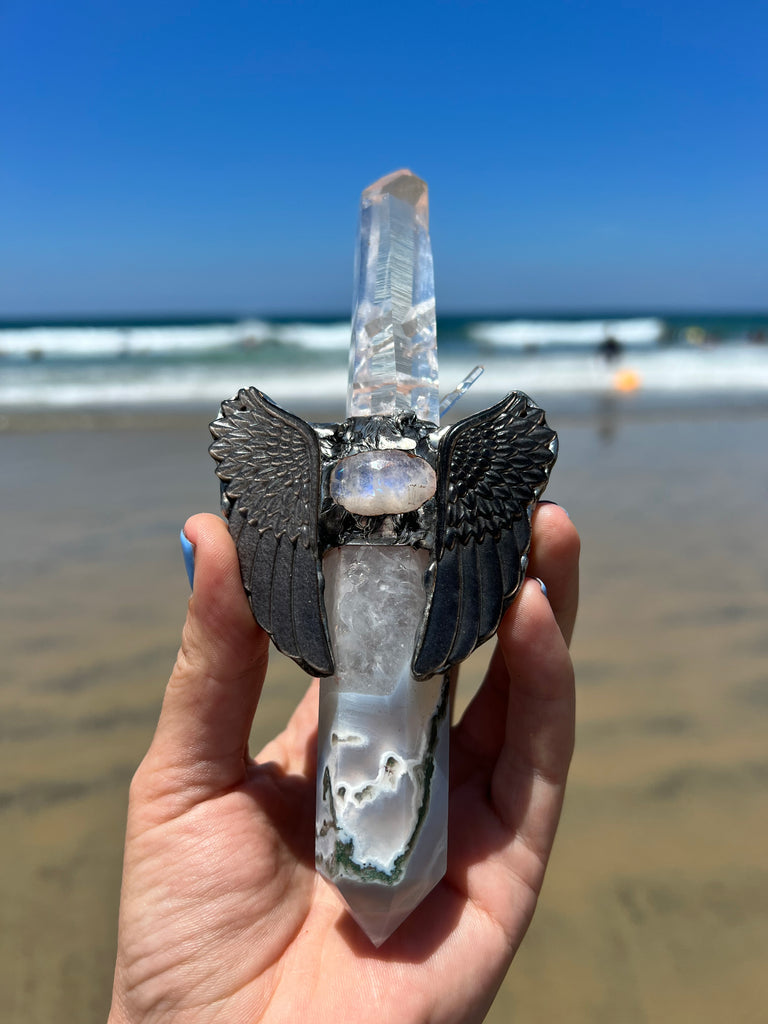 Angel Wand; Lemurian and Moss Agate with silver sheen wings and moonstone cloud